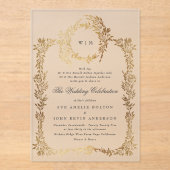 Invitations En Acrylique Monogramme classique Elégant Gold Crest Wreath Mar (Recto)