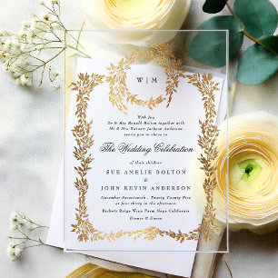 Invitations En Acrylique Monogramme classique Elégant Gold Crest Wreath Mar