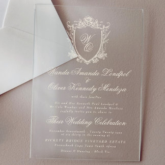 Invitations En Acrylique Monogramme classique Mariage de crête florale de c