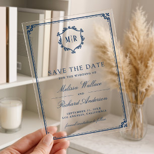 Invitations En Acrylique Monogramme Crête Bleu Nuit Mariage Enregistrer la 