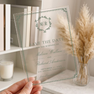 Invitations En Acrylique Monogramme Crête Vert Sauge Mariage Enregistrer la