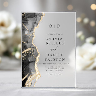 Invitations En Acrylique Monogramme de mariage élégant en agate noire et or