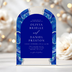 Invitations En Acrylique Monogramme de mariage élégant en bleu royal et aga