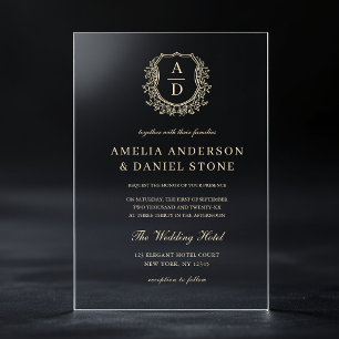 Invitations En Acrylique Monogramme élégant de mariage à crête florale doré
