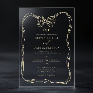 Invitations En Acrylique Monogramme élégant doré avec nœud papillon