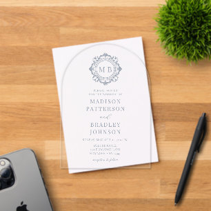 Invitations En Acrylique Monogramme Floral Orné Mariage Élégant Argent