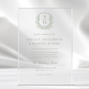 Invitations En Acrylique Monogramme Floral Vert Sauge Couronne de Mariage