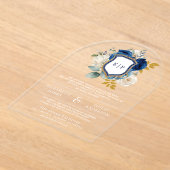 Invitations En Acrylique Monogramme Mariage Royal Blue Floral Crest (Poser)