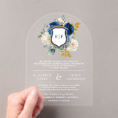 Invitations En Acrylique Monogramme Mariage Royal Blue Floral Crest (In situ (ordinateur de poche))