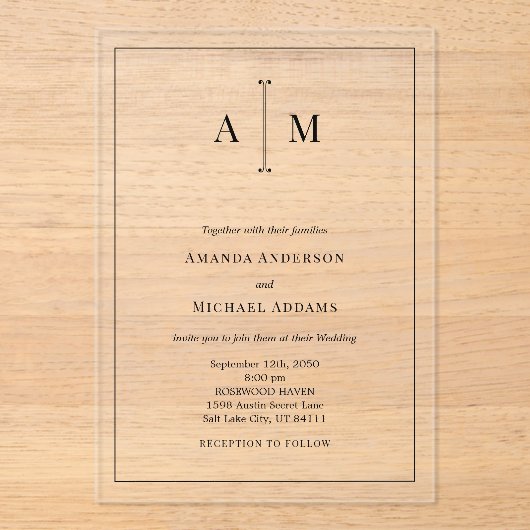 Invitations En Acrylique Monogramme Mariage simple à bordure noire (Recto)