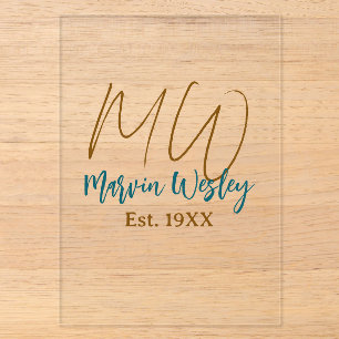 Invitations En Acrylique Monogramme marron bleu turquoise année simple mini