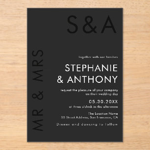 Invitations En Acrylique Monogramme minimaliste moderne Mariage noir et bla