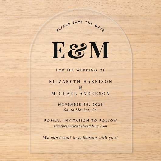Invitations En Acrylique Monogramme Moderne Arche Initiales Enregistrer La  (Recto)