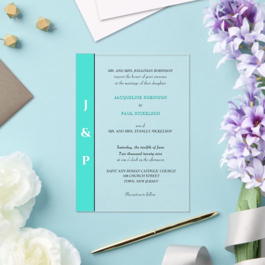 Invitations En Acrylique Monogramme moderne Turquoise mariée et chambre (Insitu (Mariage))