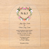 Invitations En Acrylique Monogramme Romantique Rose coeur floral (Recto)