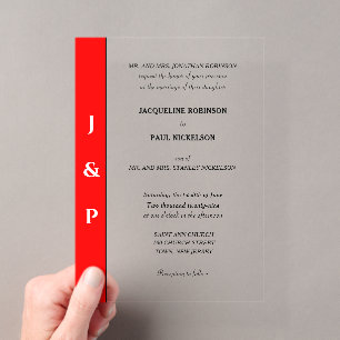 Invitations En Acrylique Monogramme Rouge Blanc Mariée et Marié Clair