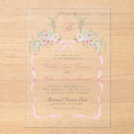 Invitations En Acrylique Monogrammed Bows and Florals Wedding (Recto)
