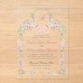 Invitations En Acrylique Monogrammed Pink Bows and Wildflowers Wedding (Recto)