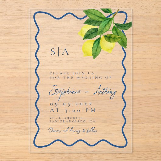 Invitations En Acrylique Monogrammes Lemon Citrus, Bordure Blue Wave Mariag (Recto)