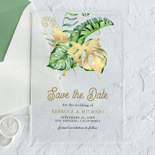 Invitations En Acrylique Monstera Tropical Palm Wedding Enregistrer la date