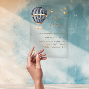Invitations En Acrylique Montgolfière bleu garçon étoiles Baby Shower