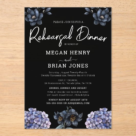 Invitations En Acrylique Moody Black Rose Classic Wedding Rehearsal Dinner (Recto)