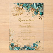 Invitations En Acrylique Moody Floral Turquoise Quinceañera (Recto)