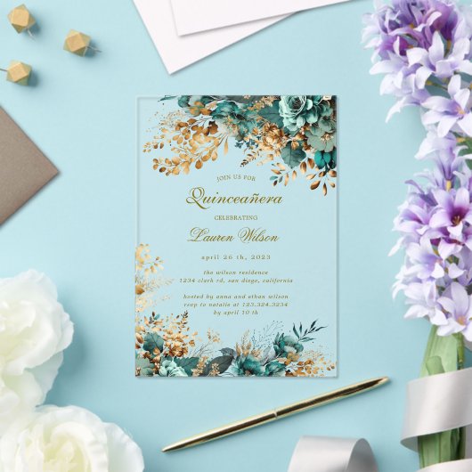 Invitations En Acrylique Moody Floral Turquoise Quinceañera (Insitu (Mariage))