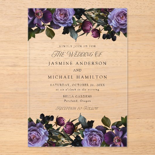 Invitations En Acrylique Moody Gothic Floral Mariage (Recto)