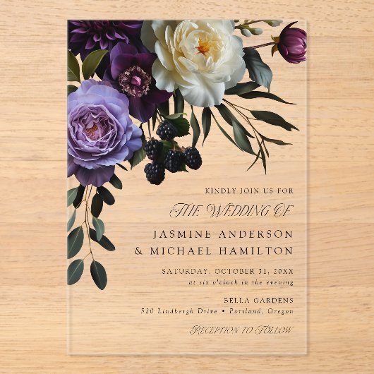 Invitations En Acrylique Moody Gothic Floral Mariage (Recto)