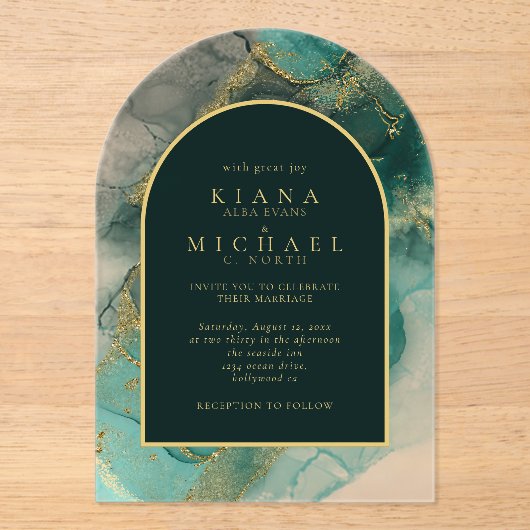 Invitations En Acrylique Moody Ink Emerald Gold Arch Abstrait ID988 (Recto)