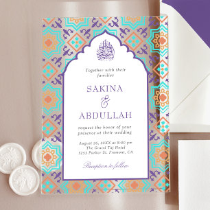 Invitations En Acrylique Mosaïque musulmane de mariage violet cyan persan