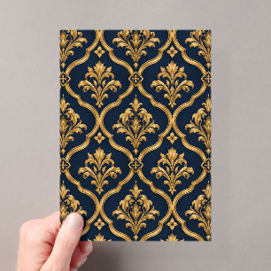 Invitations En Acrylique Motif de damas vintage or et marine élégant