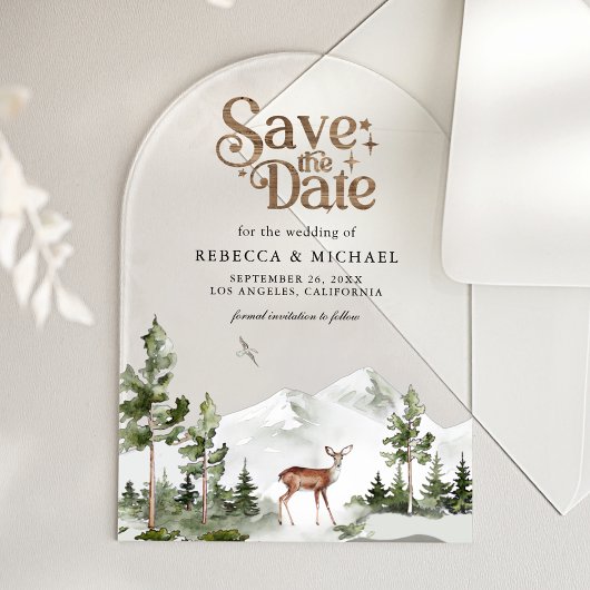Invitations En Acrylique Mountain Forest Deer Wedding Save the Date