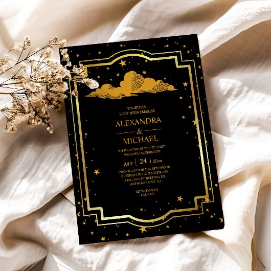 Invitations En Acrylique Mystical Black Gold Celestial Stars Wedding