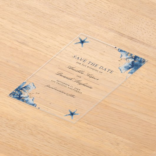 Invitations En Acrylique Nautical Navy Blue Starfish Mariage Enregistrer la (Poser)