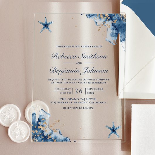 Invitations En Acrylique Nautical Navy Blue Starfish Wedding