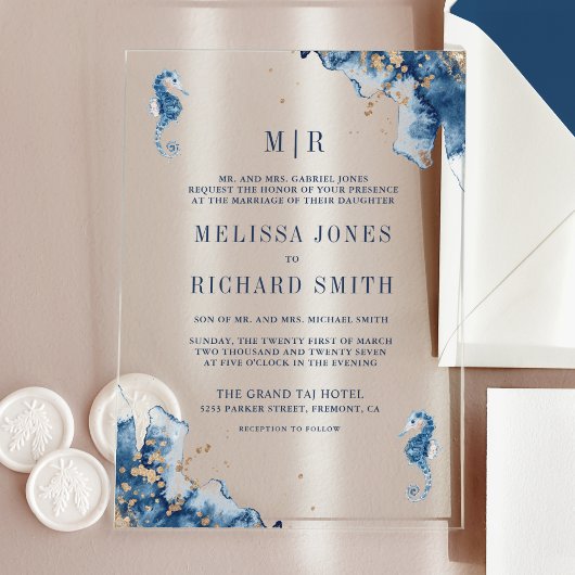 Invitations En Acrylique Nautical Navy Monogram Seahorse Wedding