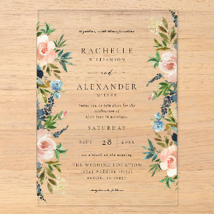 Invitations En Acrylique Navy, Bleu Poussiéreux & Fleurs Rose Mariage V2