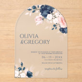 Invitations En Acrylique Navy Blue and Blush Pink Bouquet Wedding (Recto)