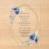 Invitations En Acrylique Navy Blue Blush Pink Roses Geometric Bridal Shower (Recto)