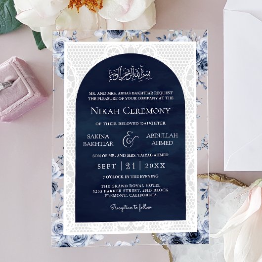 Invitations En Acrylique Navy Blue Floral White Lace Muslim Wedding