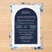 Invitations En Acrylique Navy Blue Floral White Lace Muslim Wedding (Recto)
