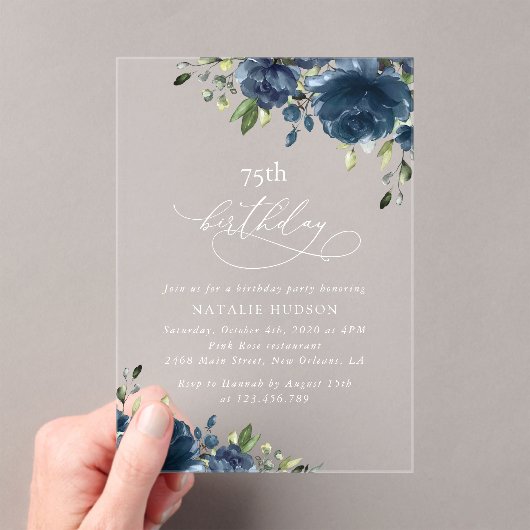 Invitations En Acrylique Navy Blue Flowers, Greenery, Boho, Any Birthday (In situ (ordinateur de poche))