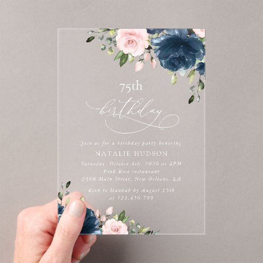 Invitations En Acrylique Navy Blue Flowers, Pink Flowers, Boho, Birthday (In situ (ordinateur de poche))