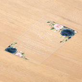 Invitations En Acrylique Navy Blue Flowers, Pink Flowers, Boho, Birthday (Poser)