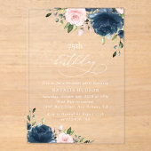 Invitations En Acrylique Navy Blue Flowers, Pink Flowers, Boho, Birthday (Recto)