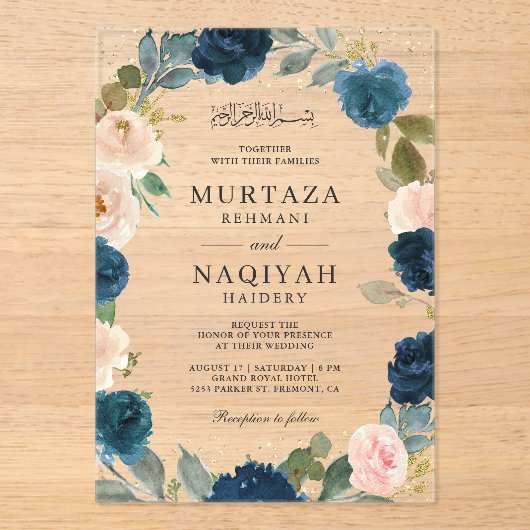 Invitations En Acrylique Navy Blue Peach Floral Muslim Wedding (Recto)