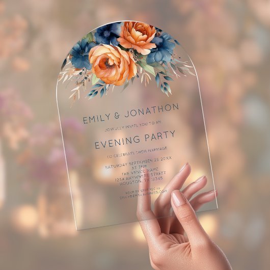 Invitations En Acrylique Navy Burnt Orange Florals Wedding Evening Party