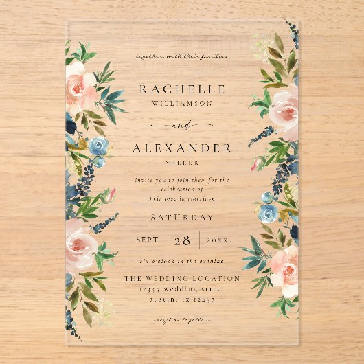 Invitations En Acrylique Navy, Dusty Blue & Pink Floral Mariage V2 (Recto)